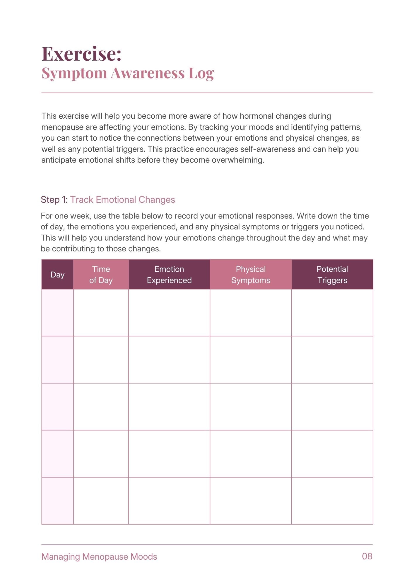 Menopause Exercise Symptom Awareness Log for tracking emotions and physical symptoms during menopause.