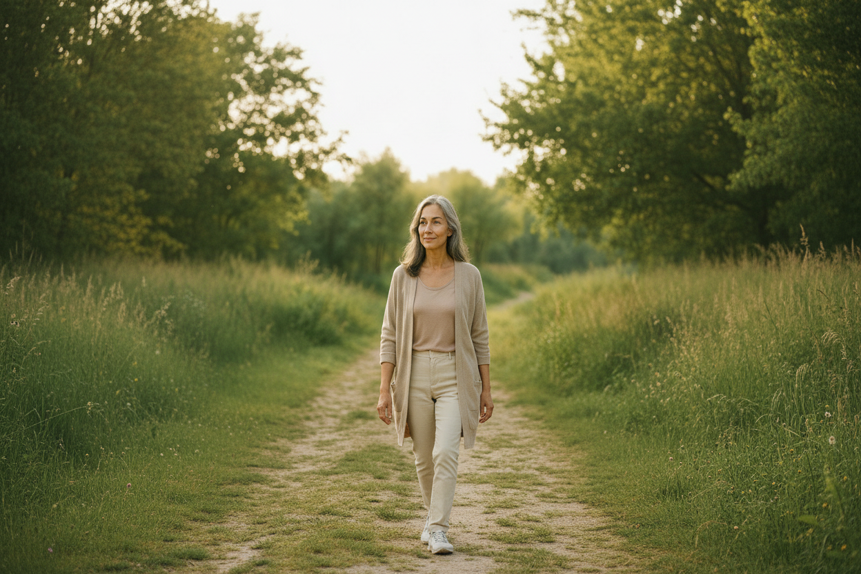 Woman walking in a natural setting with greenery